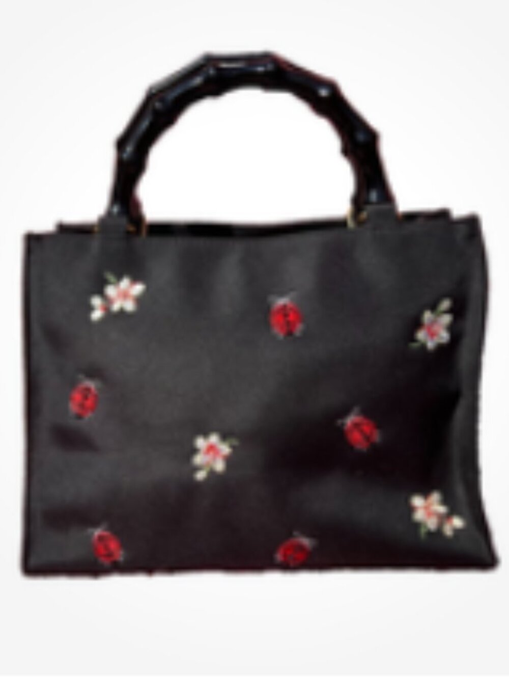 Black Satin Embroidered Ladybug & Flowers Tote Bag - Picture 8 of 8